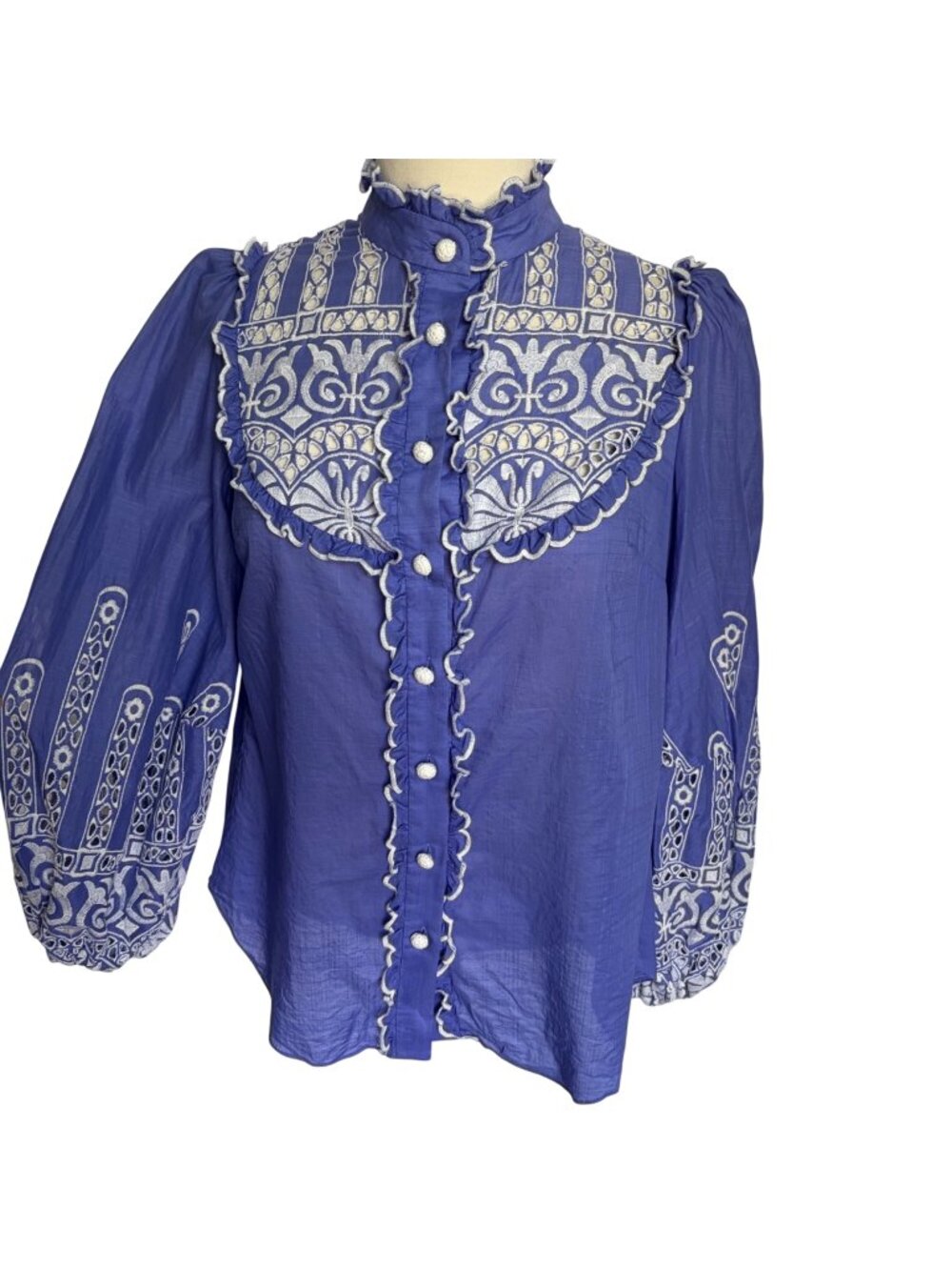 Zimmermann Broderie Anglaise Cotton Voile Blouse Blue Sz 1 6 US Balloon Sleeve